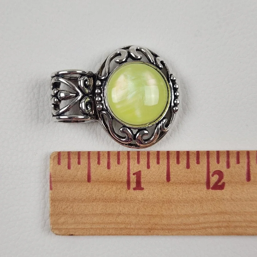 Vintage Jewelry Set Pendant and Earrings Lime Green Silver Tone Scrollwork